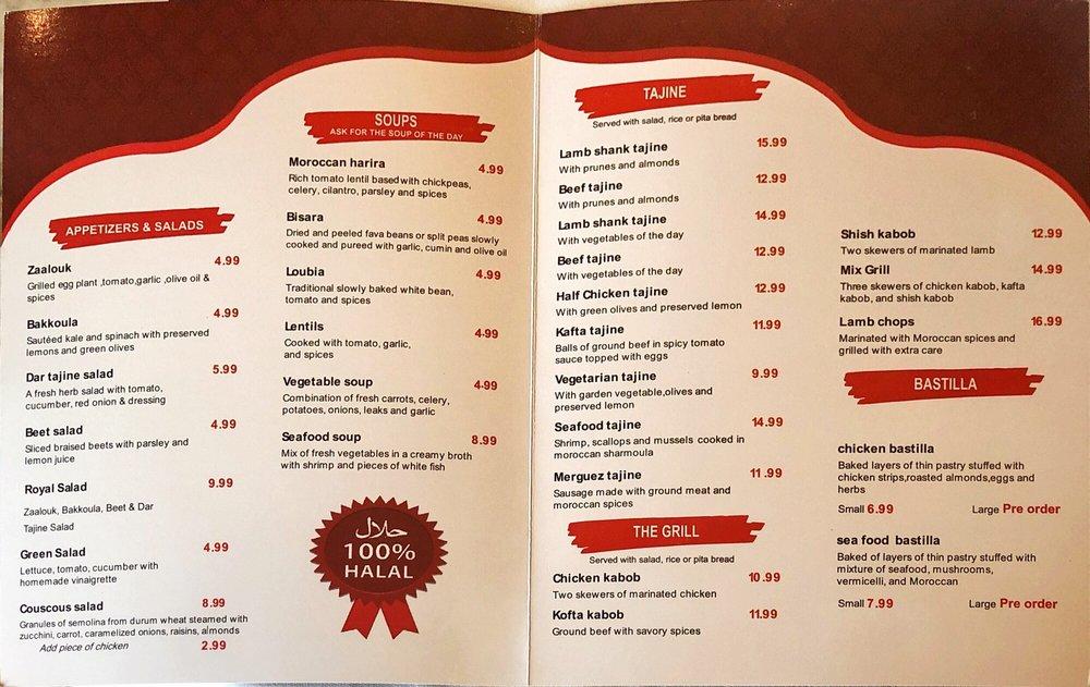 Menu at Dar Tajine Moroccan Restaurant, Plantation