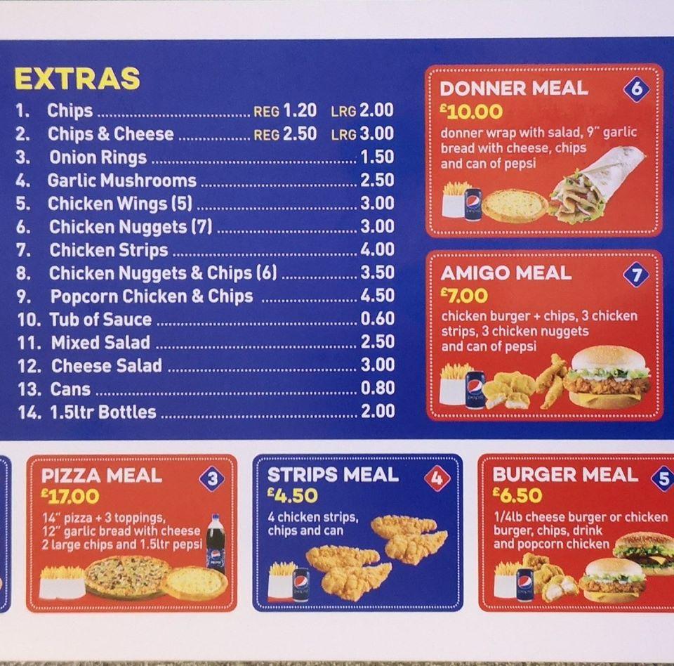 Menu at Amigos fast food, Liverpool, Above the Wedding Rooms