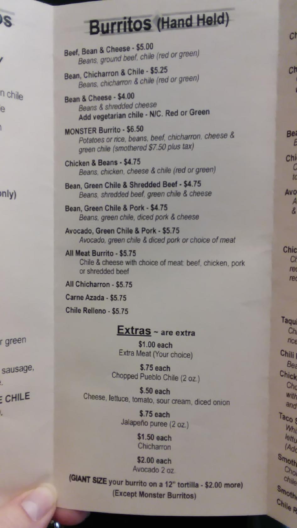 Menu at Burrito's Betty restaurant, Pueblo