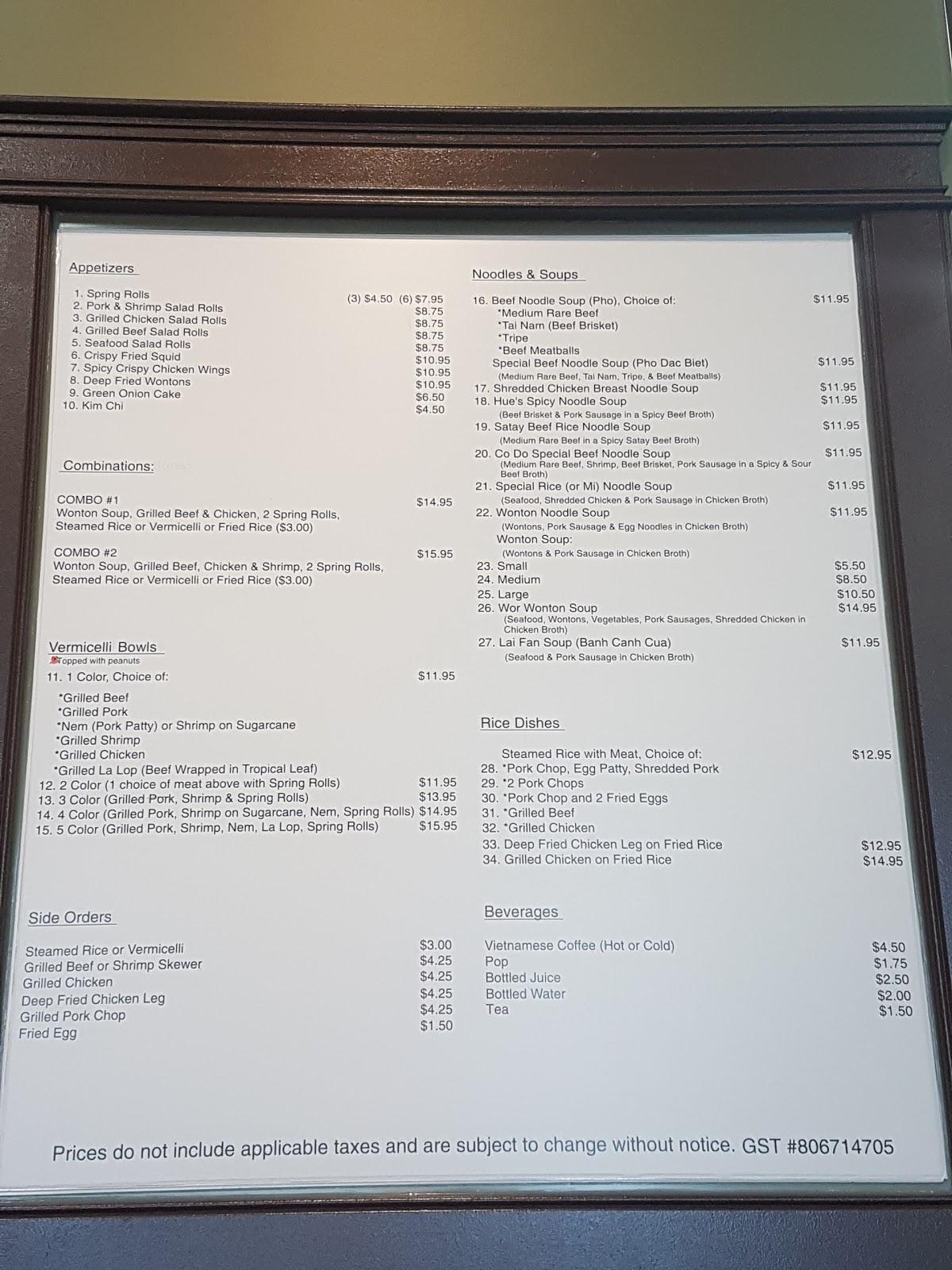 Menu de Cố Đô Huế Express