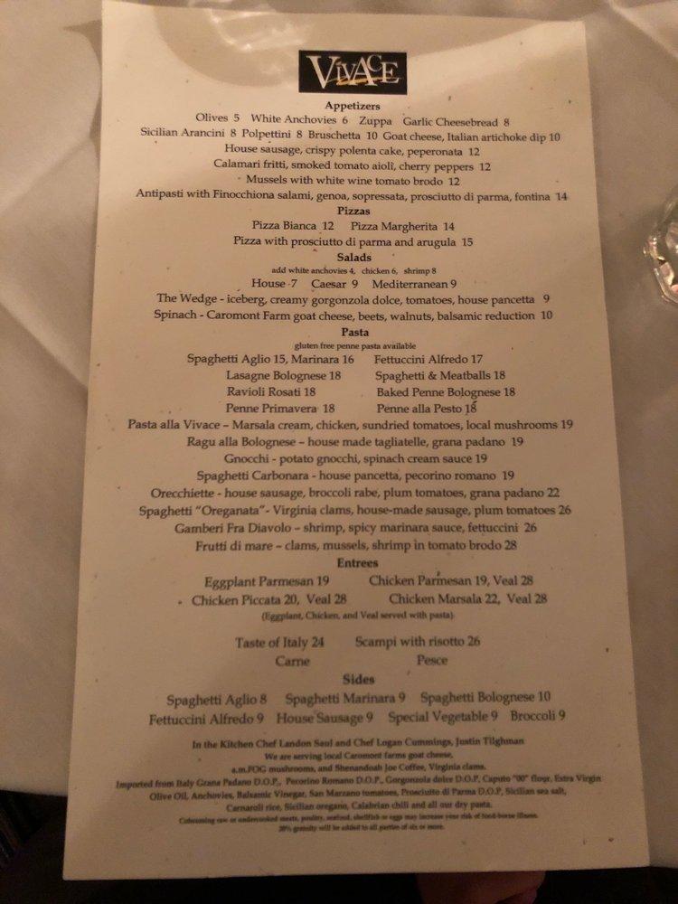 Menu at Vivace restaurant, Charlottesville