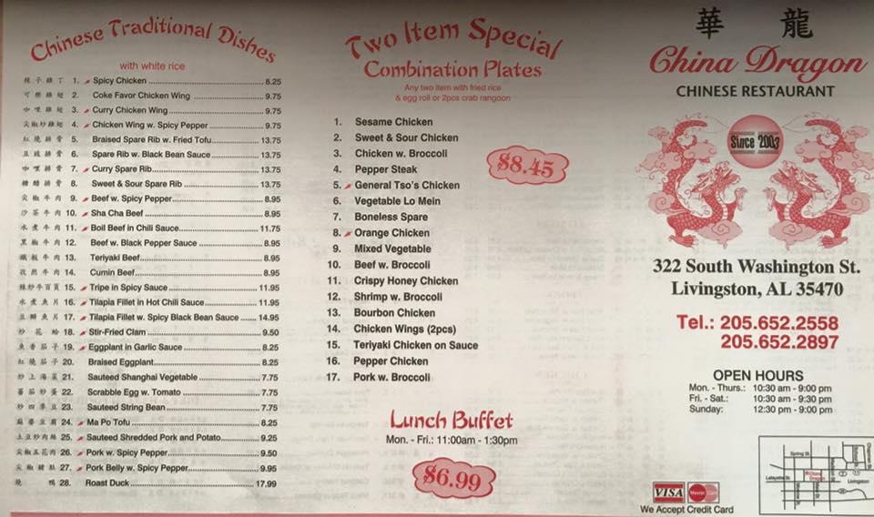 Menu at China Dragon restaurant, Livingston