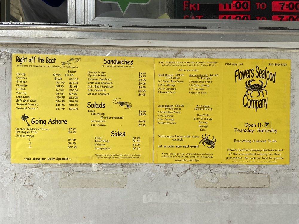 Menu at Flowers Seafood restaurant, Edisto Island