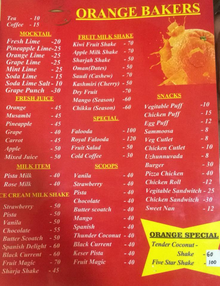 Orange bakers cherthala menu