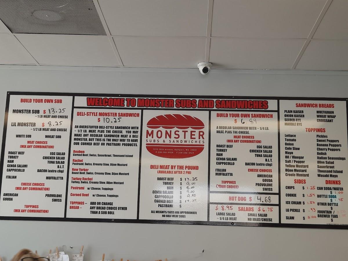 Menu at Monster Subs & Sandwiches restaurant, Gulfport