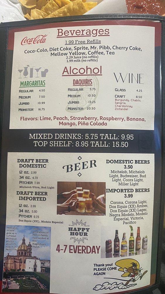 Menu at Pedro's Mexican Restaurant, Irmo