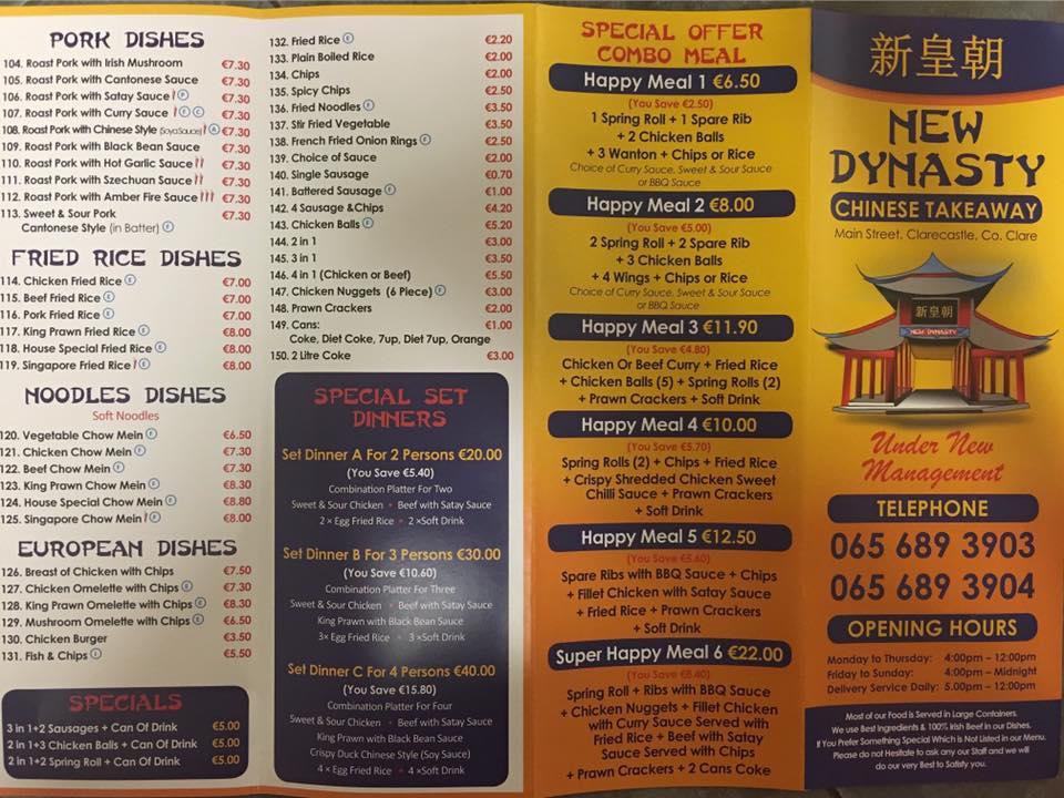 Menu at New Dynasty restaurant, Clarecastle