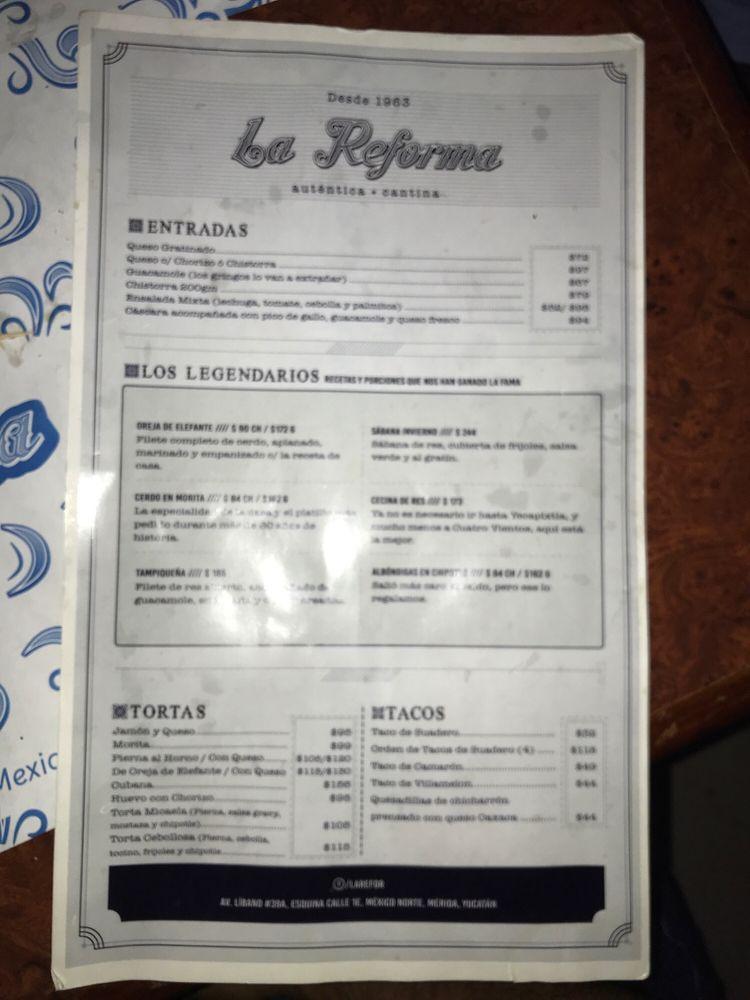 Menu at La Reforma Auténtica Cantina pub & bar, Merida, Avenida Libano 39A