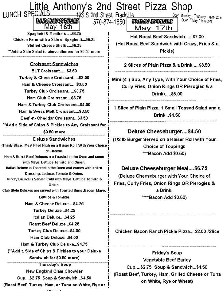 Menu at Little Anthony's pizzeria, Frackville