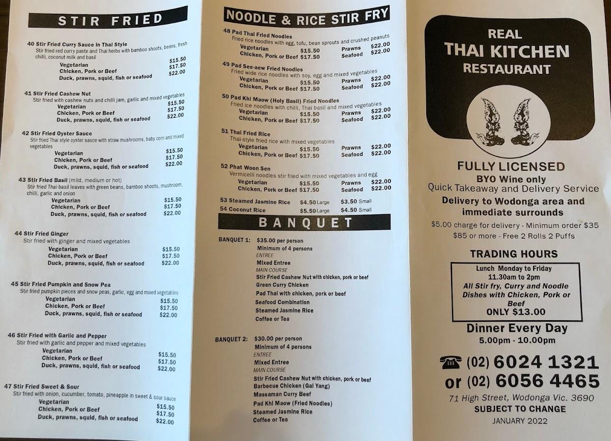 Menu at Real Thai Kitchen Restaurant, Wodonga