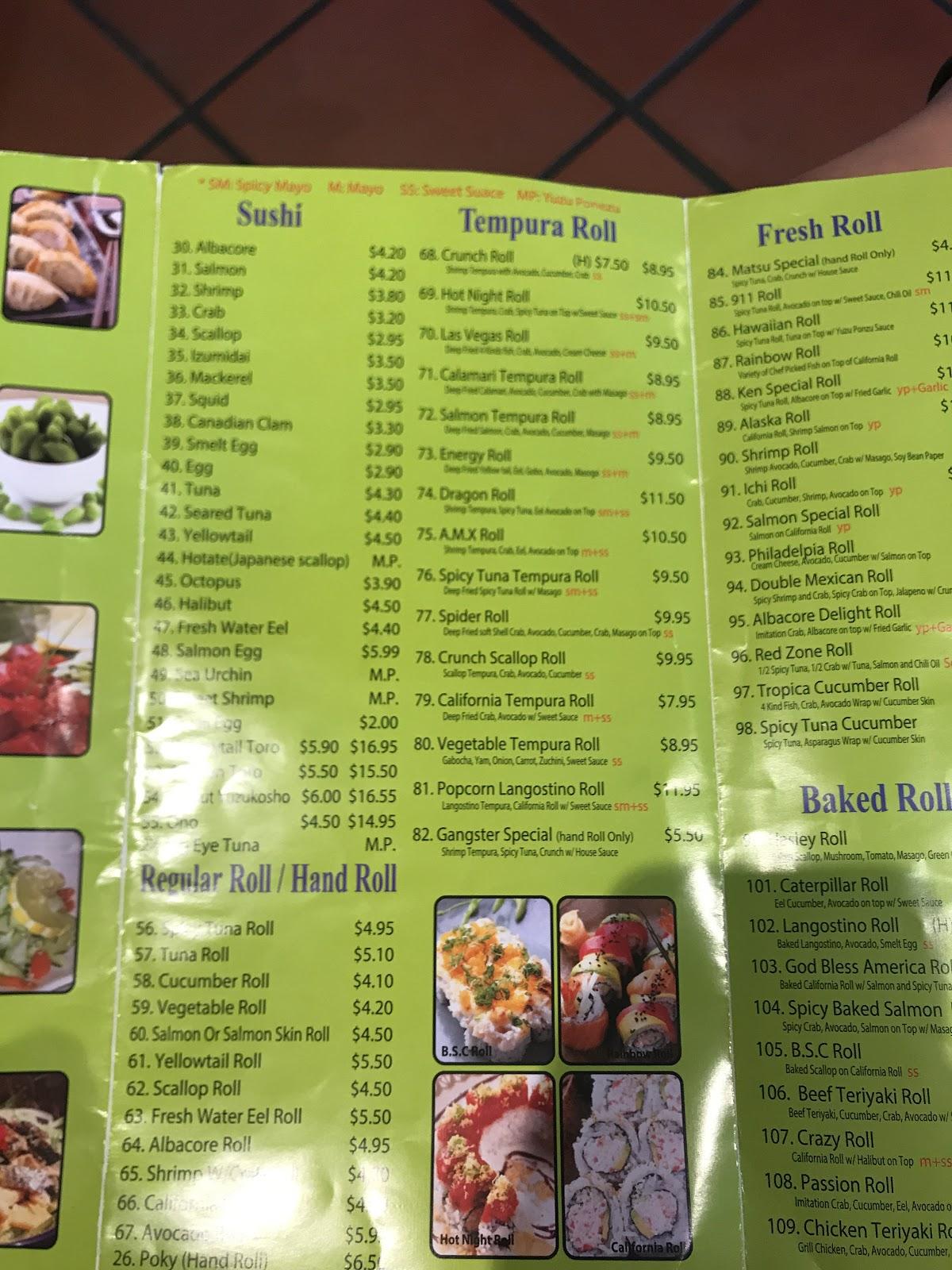 Menu at Matsu Sushi restaurant, Castaic