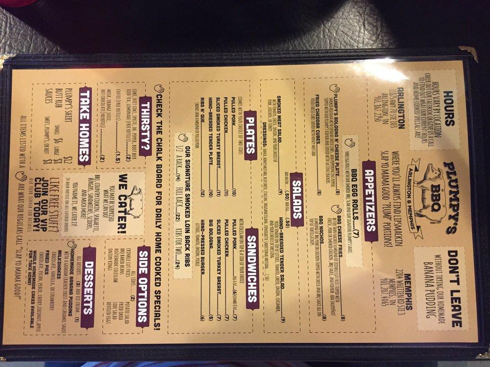 Menu at Plumpy's BBQ, Arlington, Highway 70