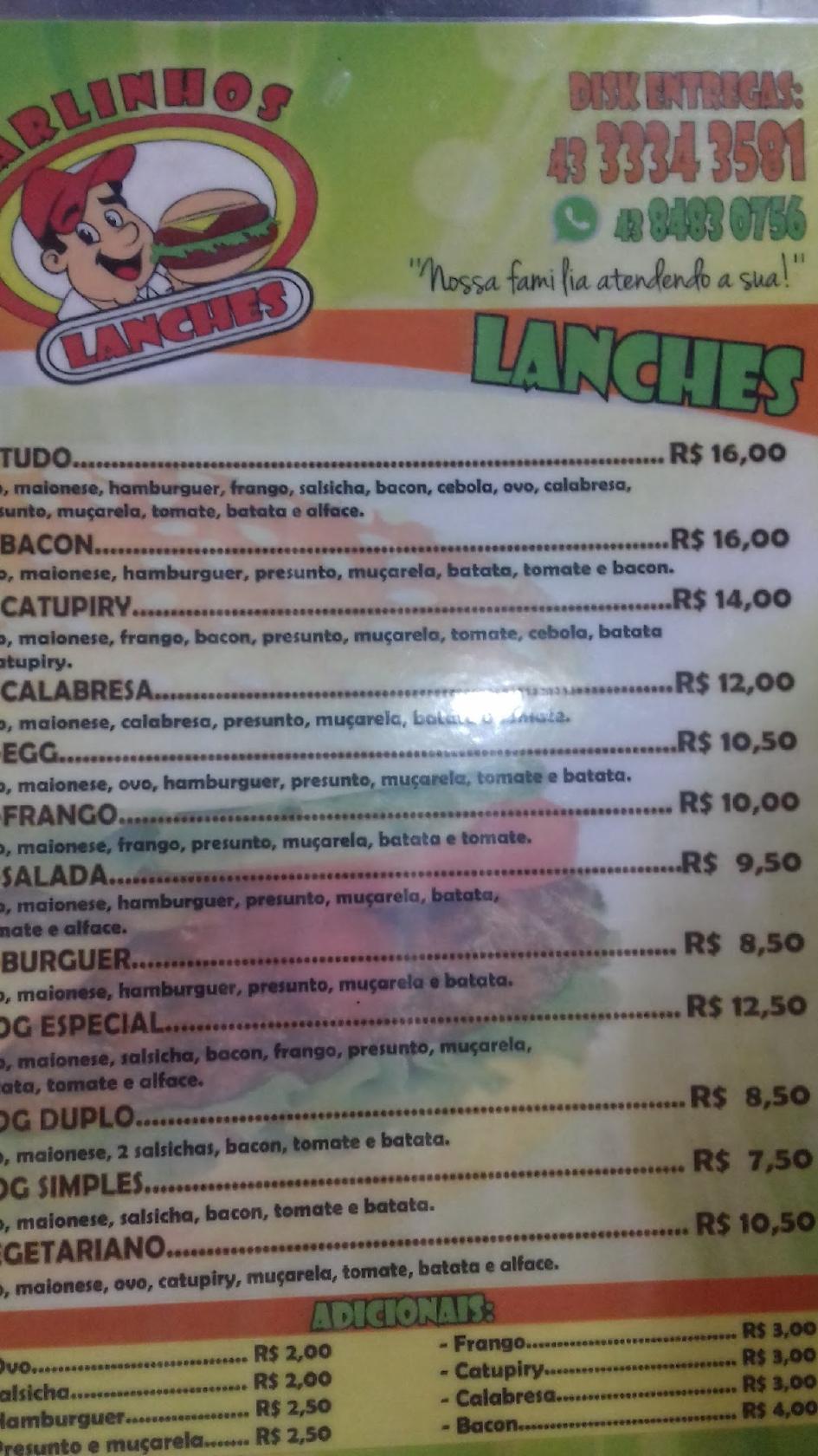 Carlinhos Lanches cardápio