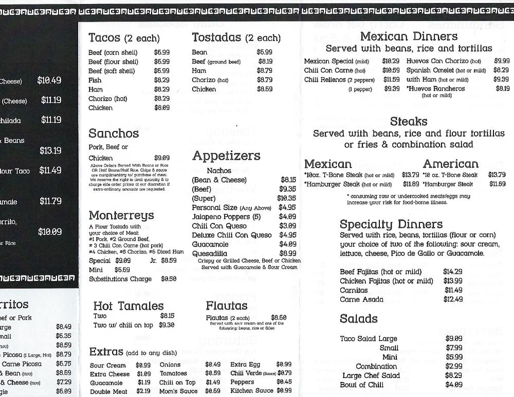 Menu at Cholitas Mexican Restaurant, Wichita