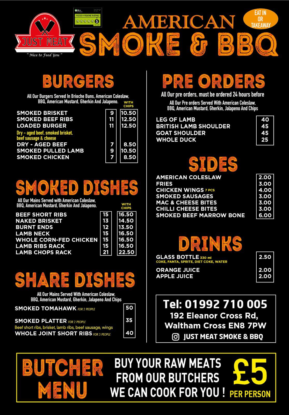 Menu at Just Meat Smoke and BBQ, Waltham Cross