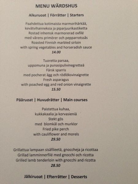 Menu at Oy Wärssy Ravintolat Ab restaurant, Fiskars