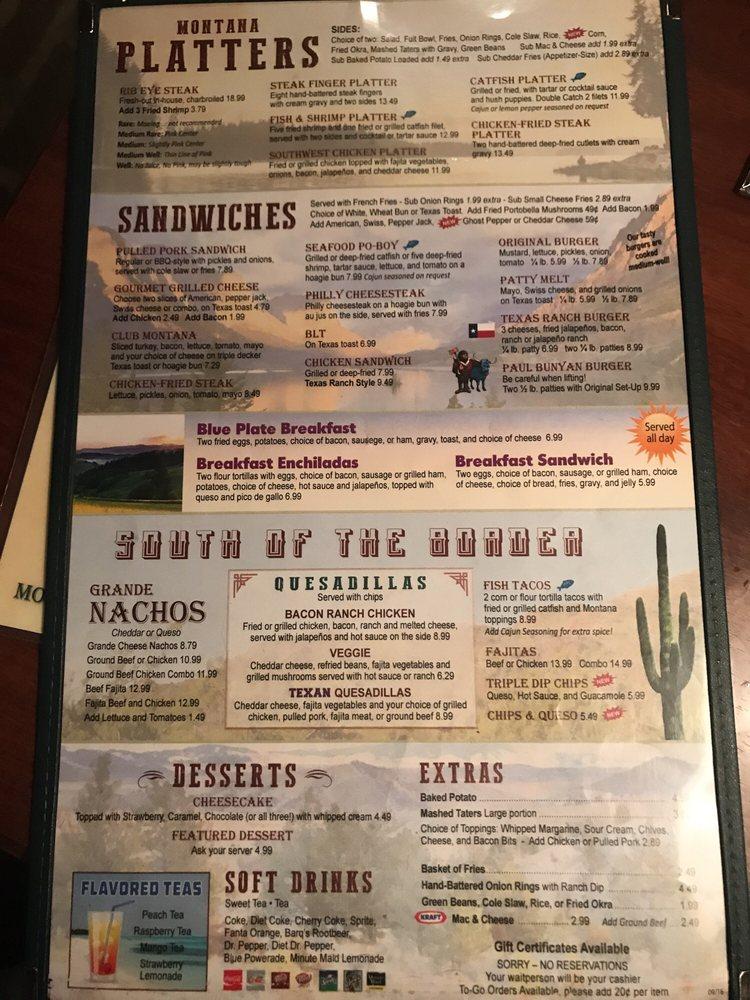 Menu at Montana Restaurant, Weatherford