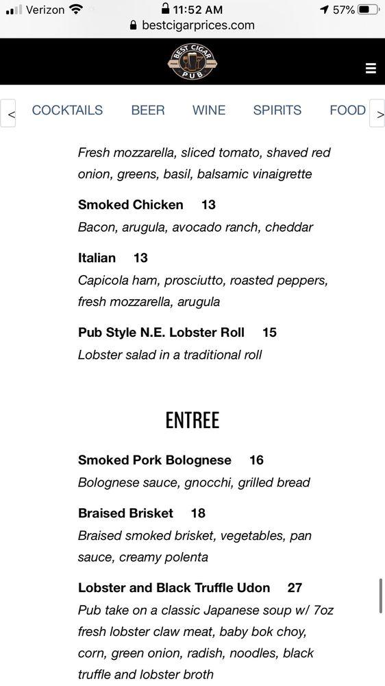 Menu at Best Cigar Pub, Drums, 3 Hillside Dr