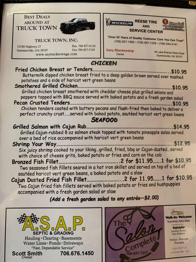 Menu at Sweet P's restaurant, Trion