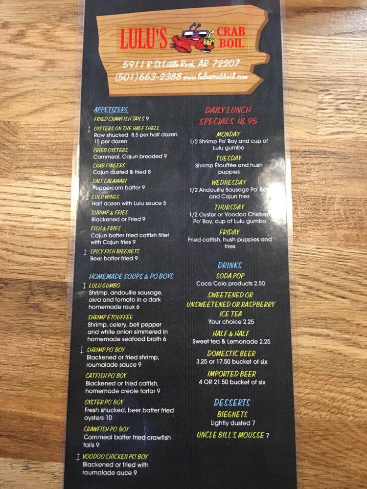 Menu at Lulu's Seafood Kitchen restaurant, Little Rock, R St