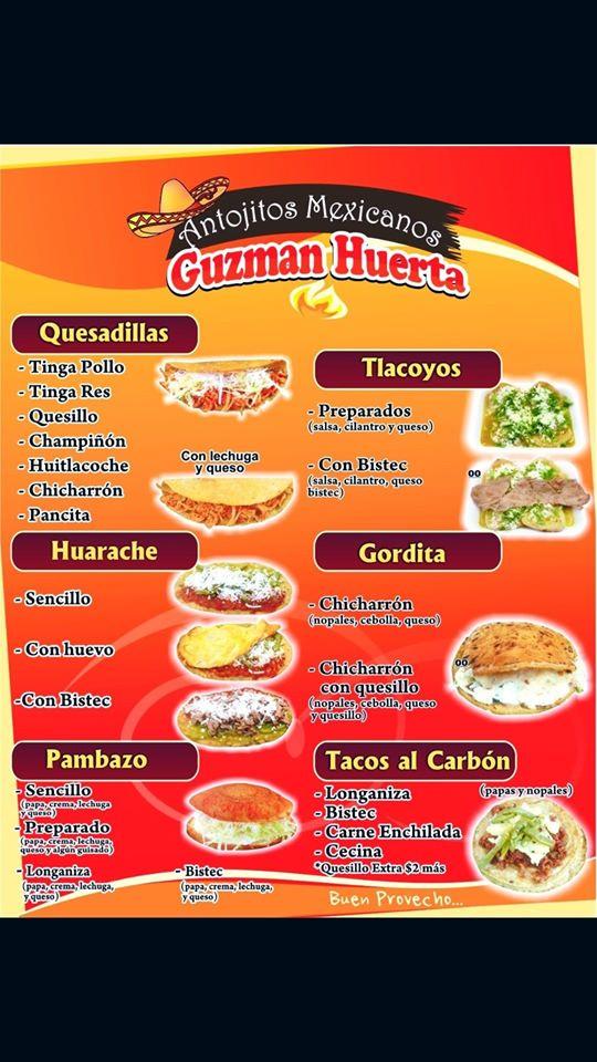 Menu at Antojitos Mexicanos Guzmán Huerta restaurant, Chignahuapan