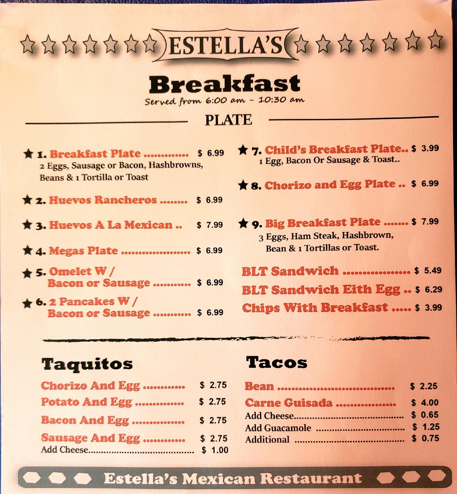 Menu at Estella's Mexican Restaurant, Ganado