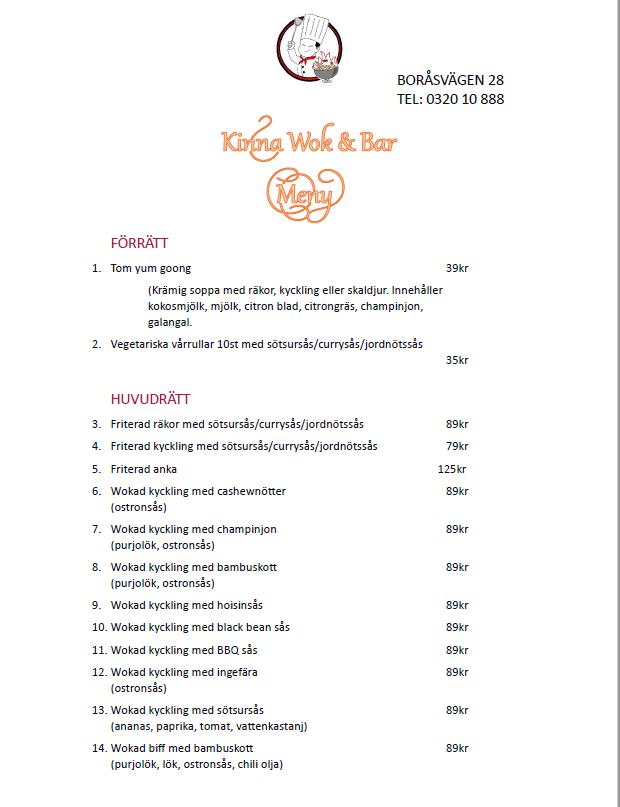 Menu at Kinna Wok & Bar, Kinna