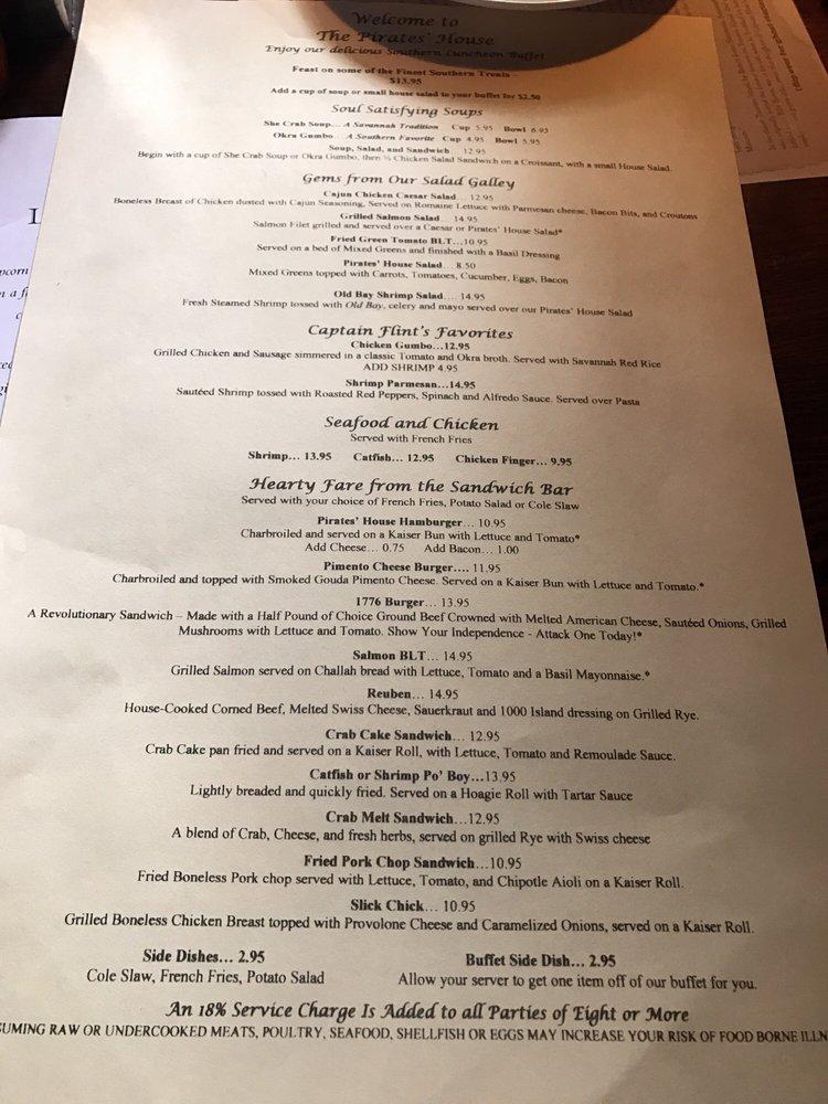 Menu at The Pirates' House restaurant, Savannah