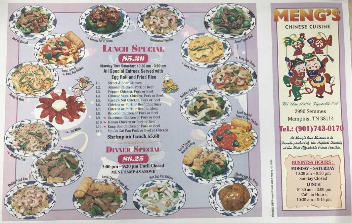 Menu at Meng's Chinese Cuisine restaurant, Memphis