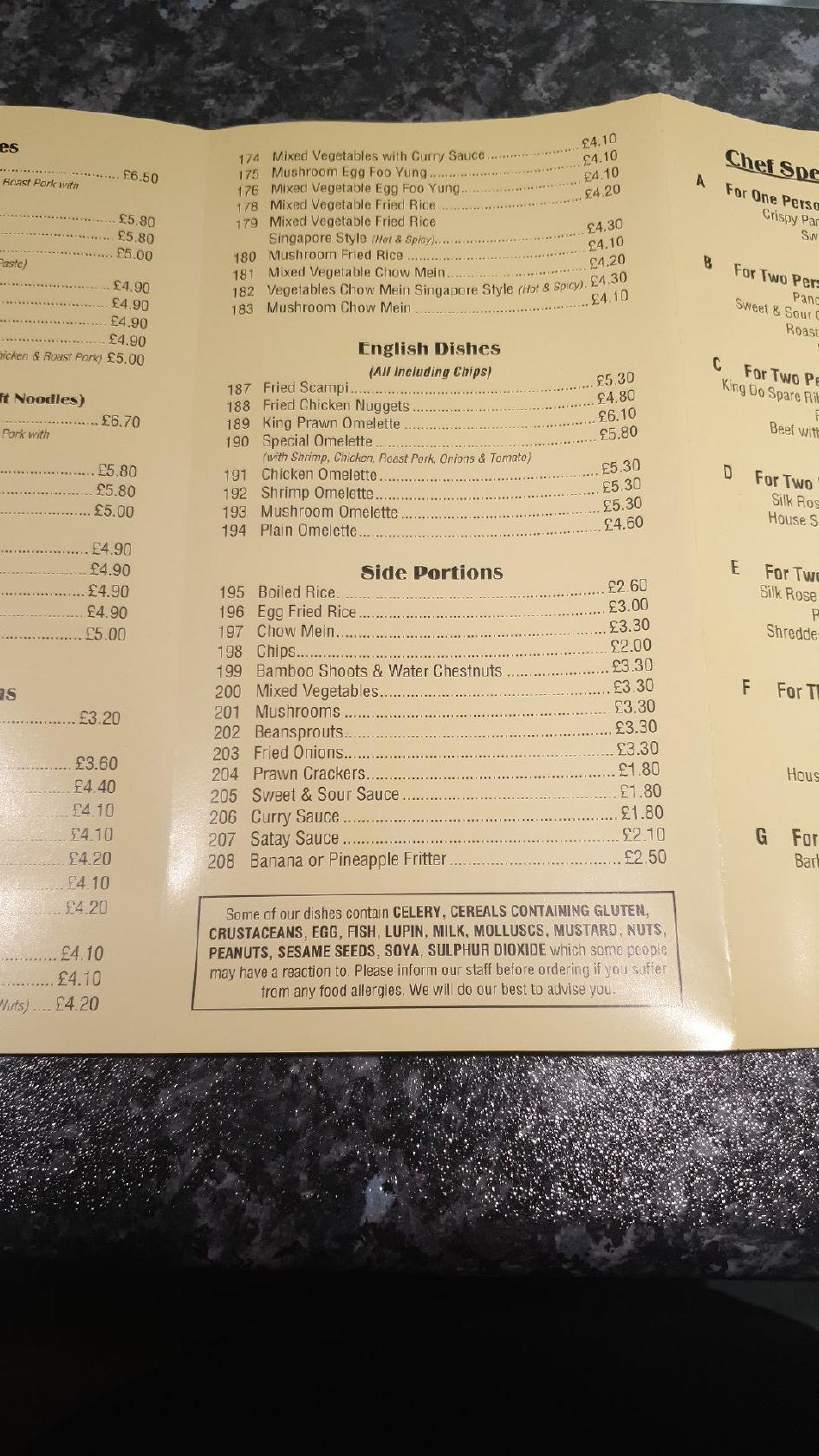 Menu at The Silk Rose fast food, Spalding