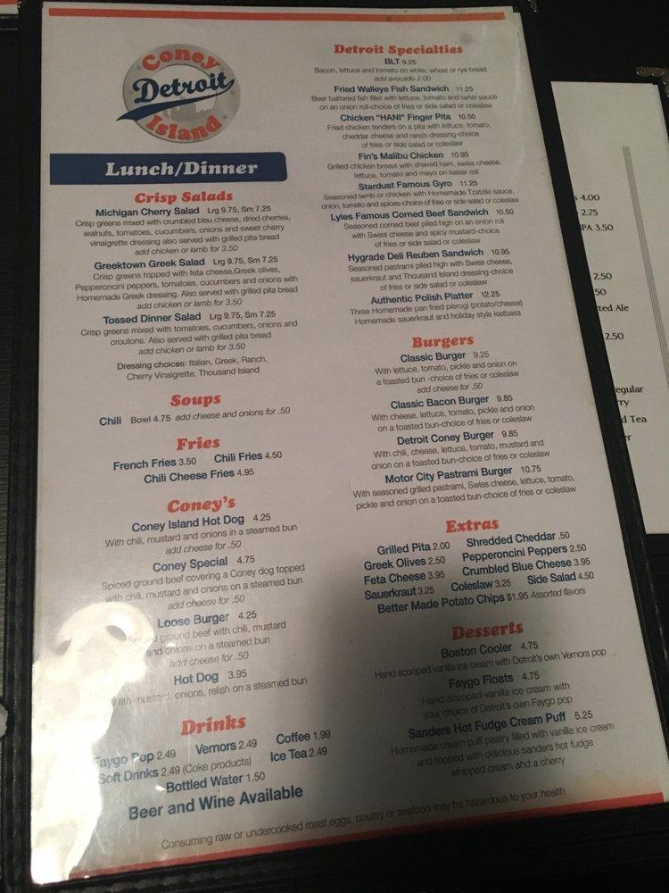 Menu at Detroit Coney Island restaurant, Palm Harbor, US Hwy 19 N