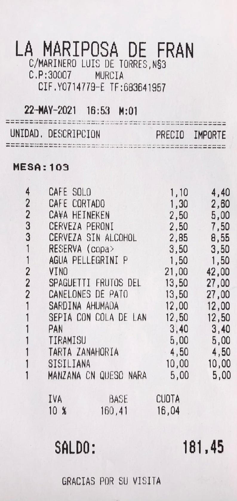 Carta de Restaurante La Mariposa de Fran, Murcia