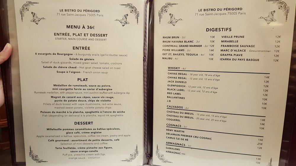 Menu at Le Bistrot Du Perigord restaurant, Paris