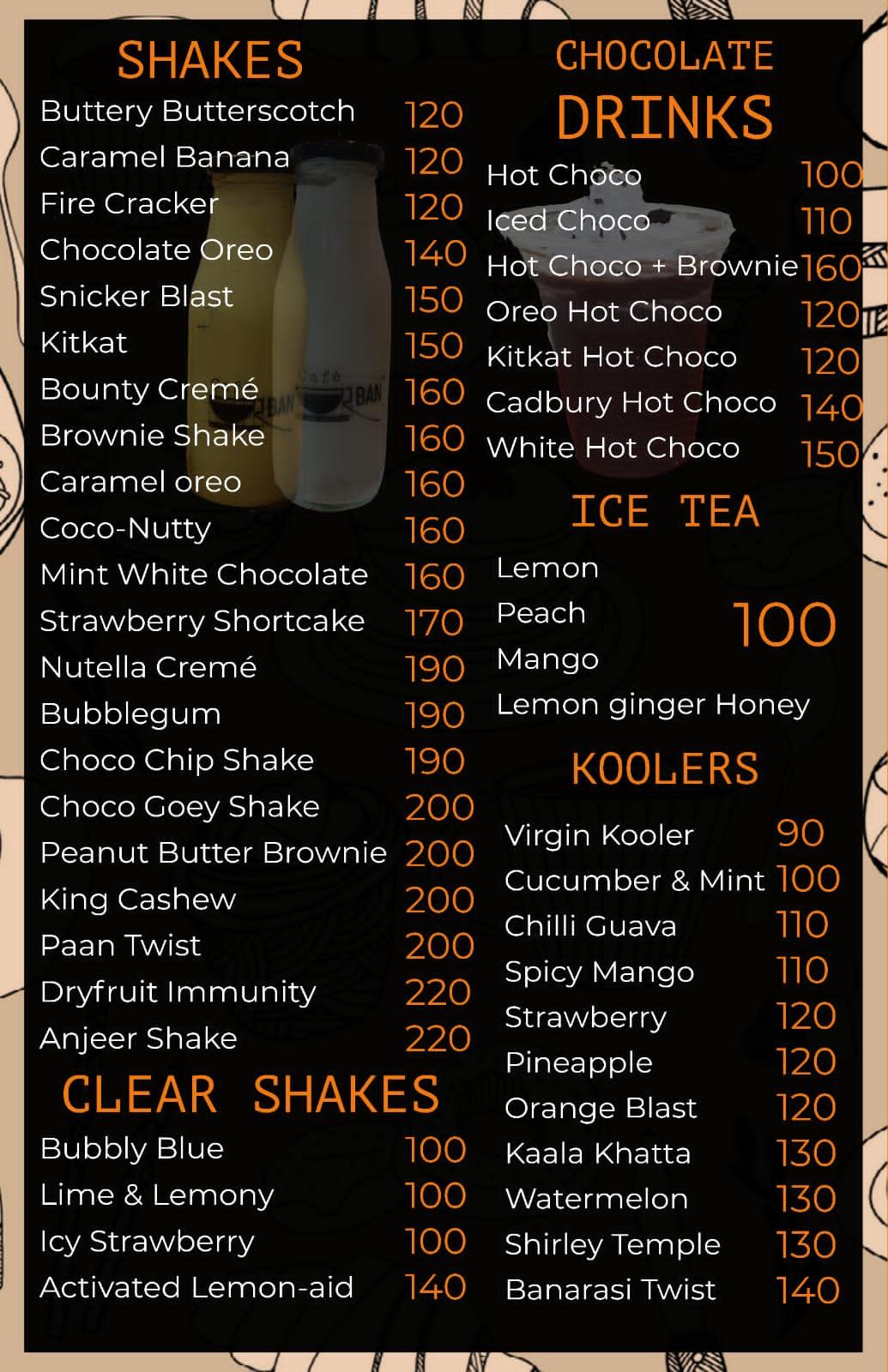 Menu at Café Urban, Jagdalpur