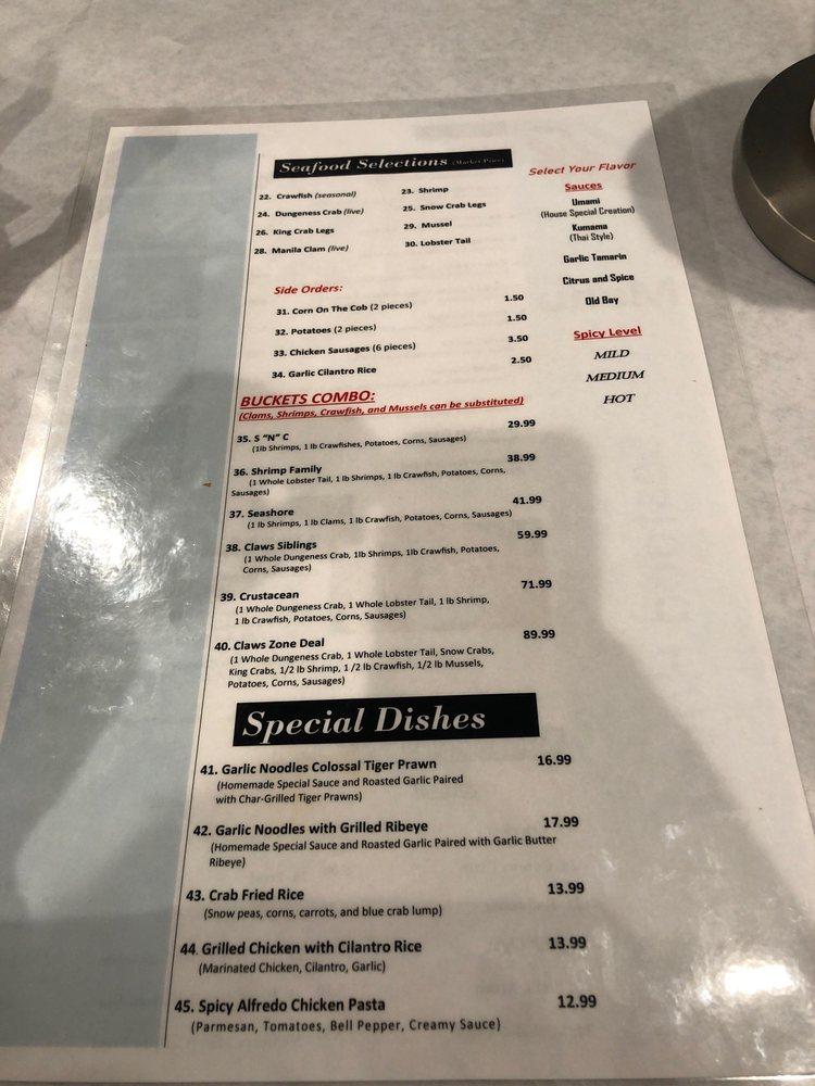 Menu at Claws Zone Anaheim restaurant, Anaheim