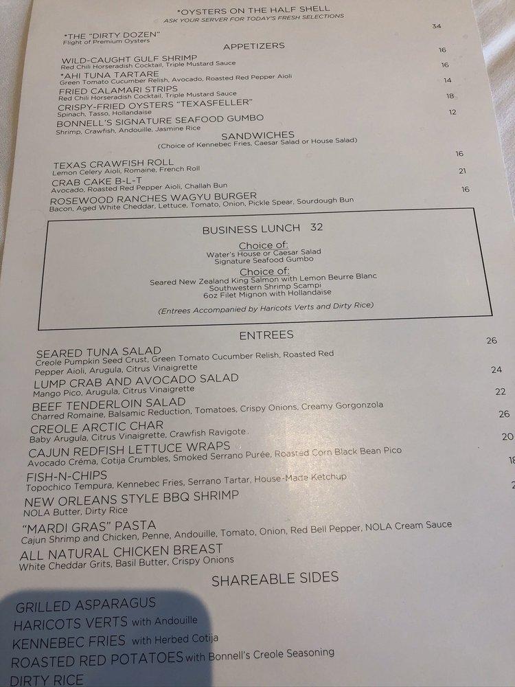 Menu at Waters Restaurant, Fort Worth