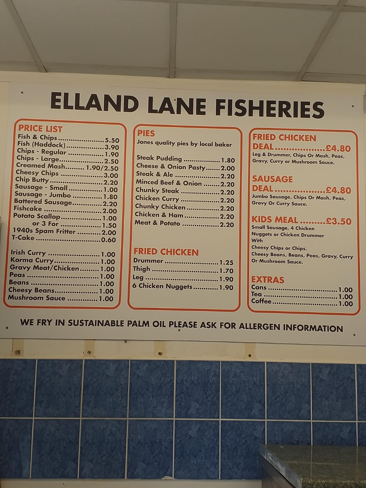 Menu at Elland Lane Fisheries restaurant, Elland