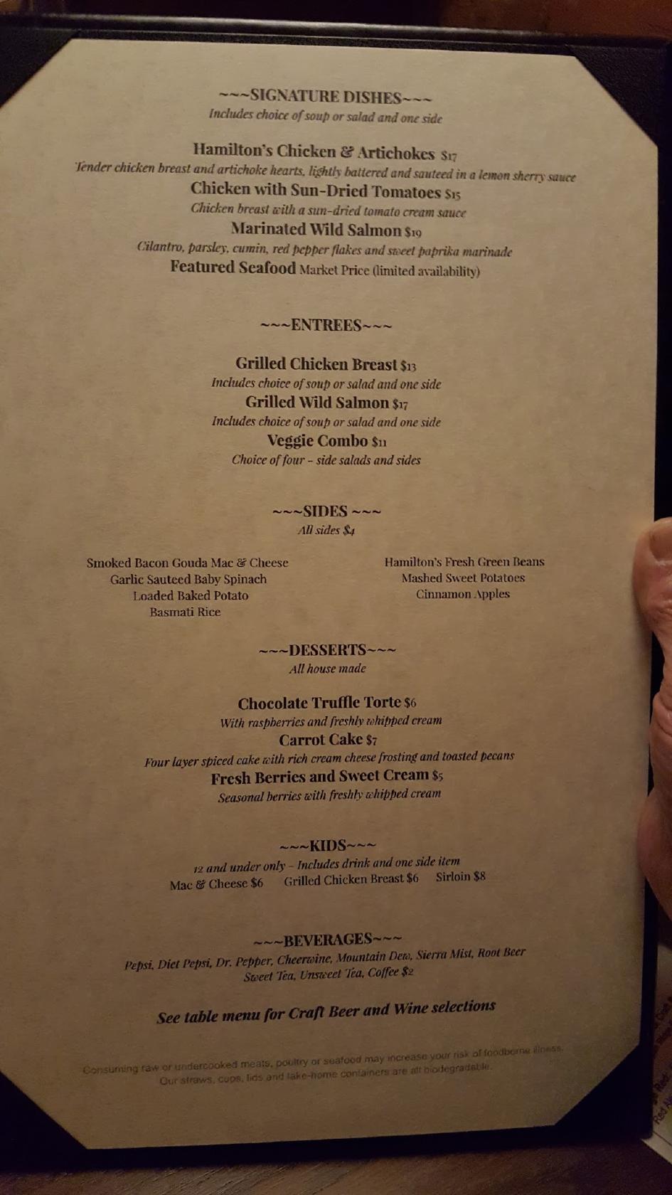 Menu at Hamilton's Steakhouse, Asheboro