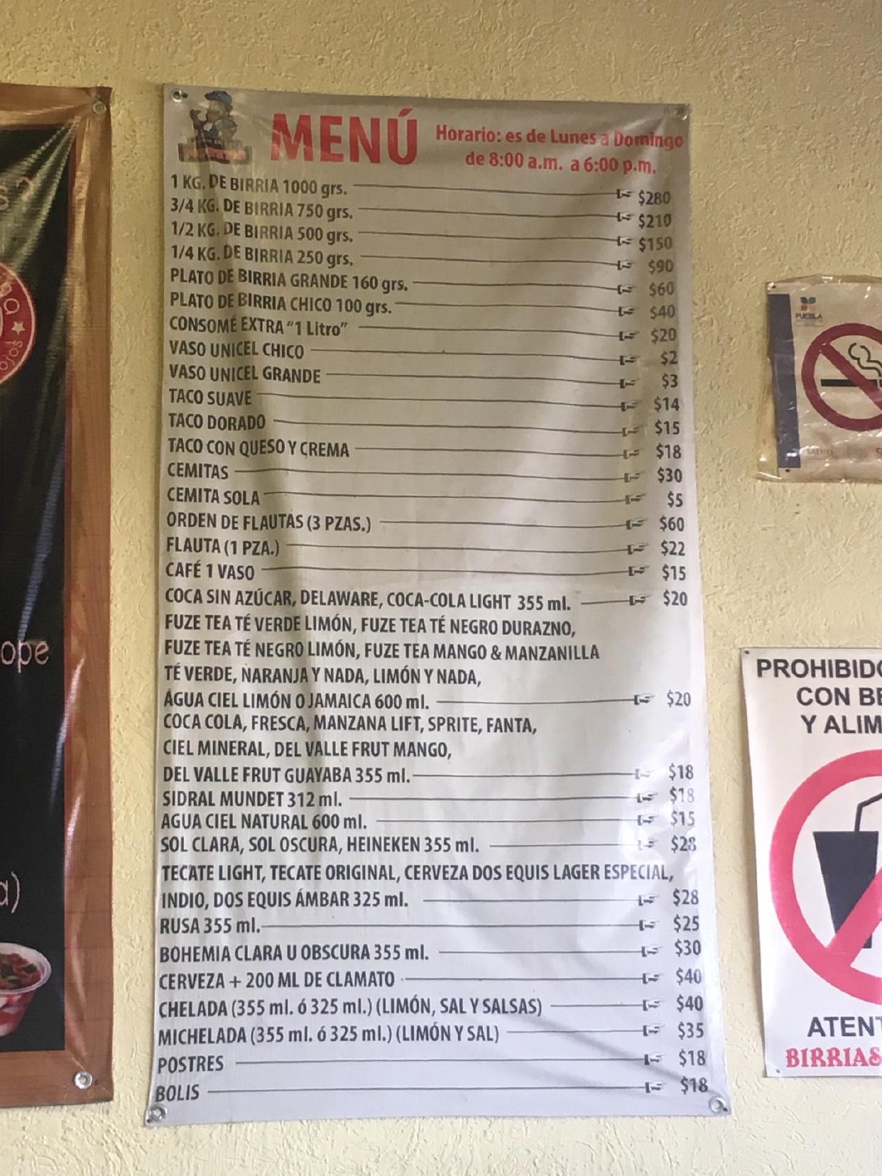 Carta del restaurante Birria El Moreno, Heroica Puebla del Zaragoza, Del  Angel 244