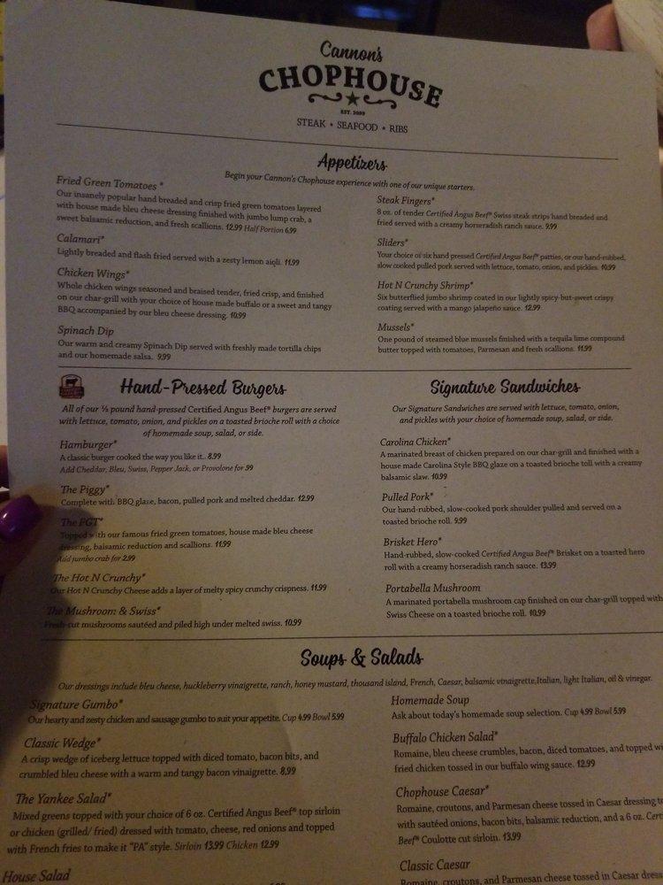 Menu at Cannon's Chophouse steakhouse, Meadville, Highline Dr