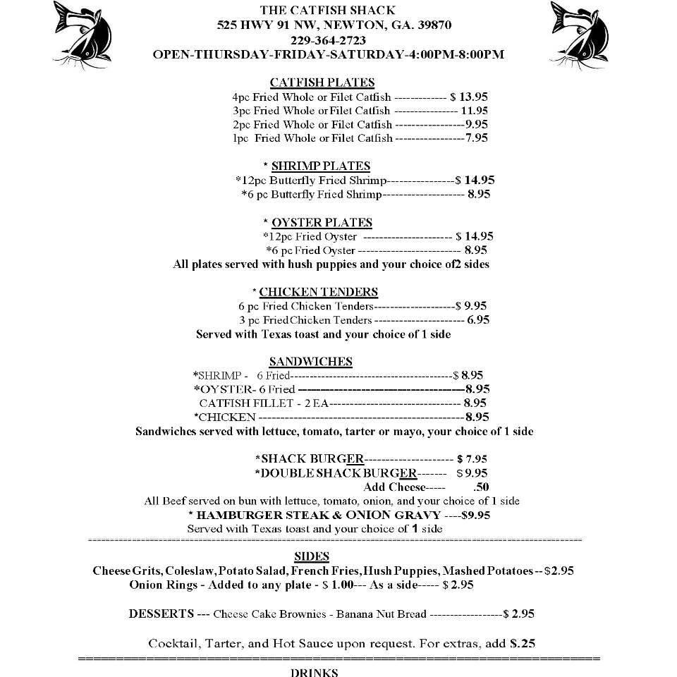 Menu at The Catfish Shack restaurant, Newton