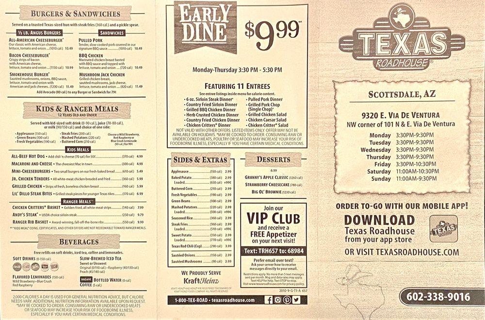 Menu at Texas Roadhouse steakhouse, Scottsdale