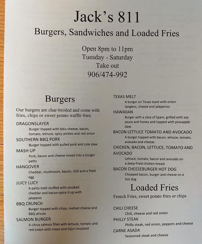 Menu at Jack's restaurant, Rapid River