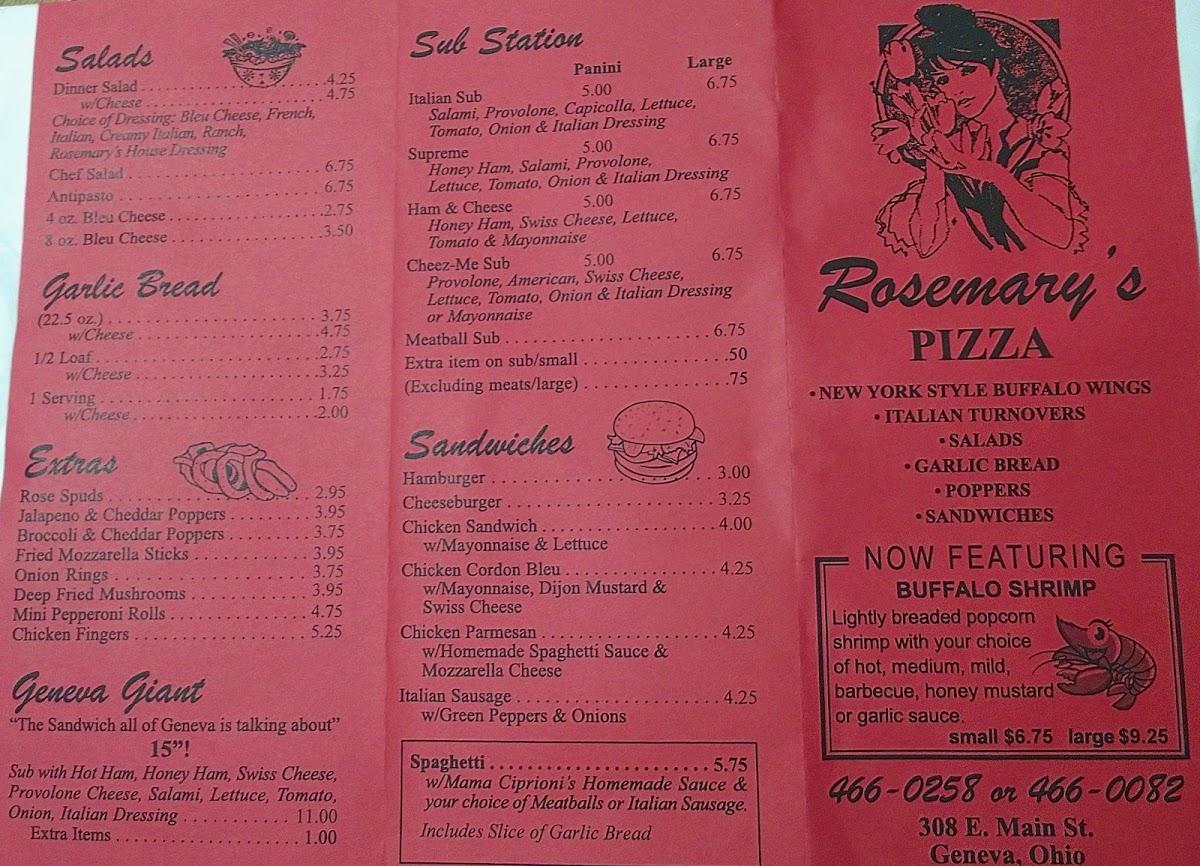 Menu at Rosemary's Pizza pizzeria, Geneva