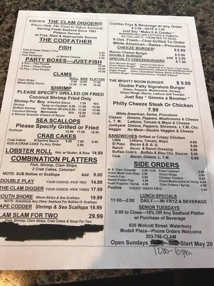 Menu at The Crazy ClamDigger Waterbury LLC restaurant, Waterbury, 835