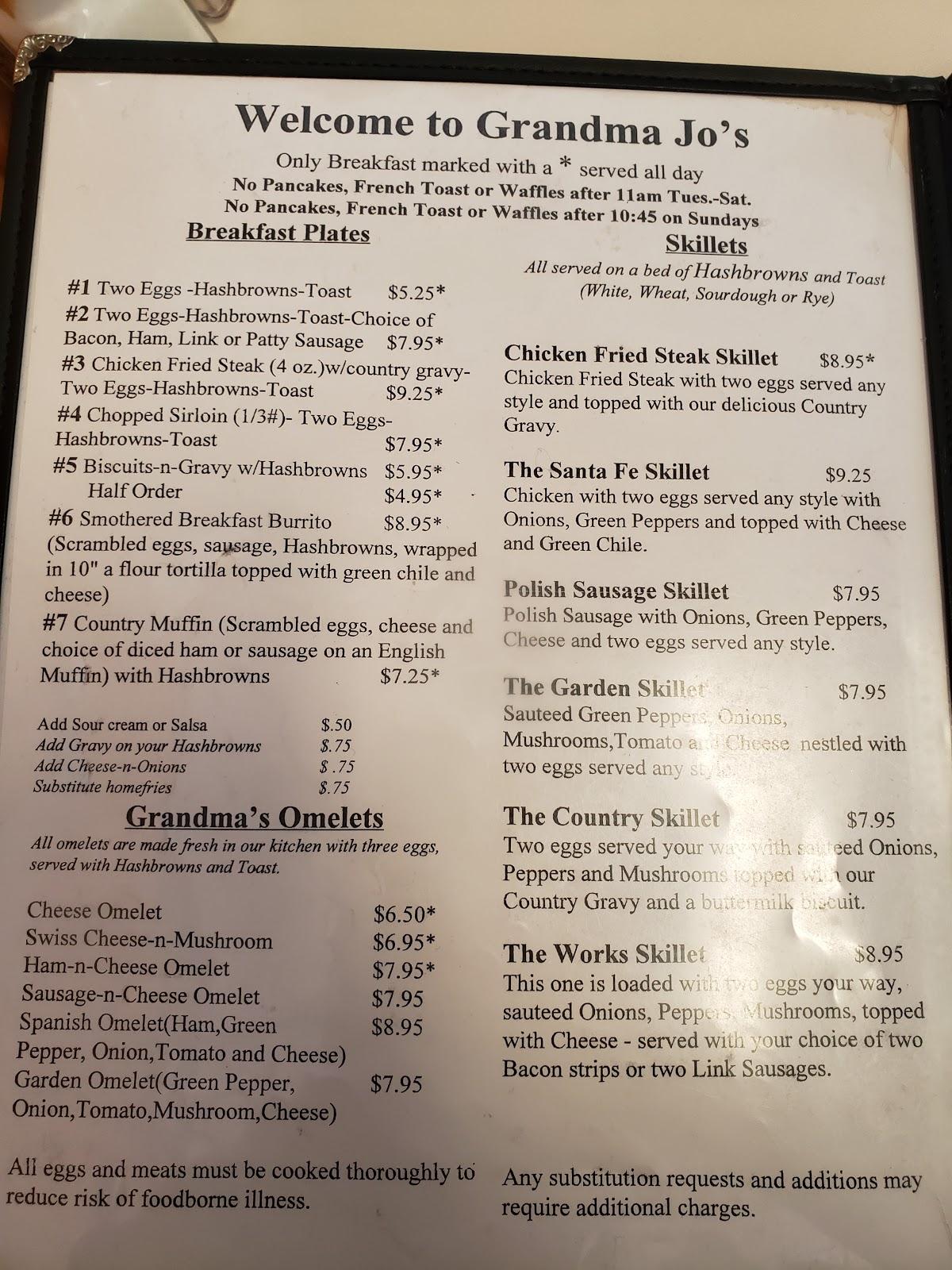 Menu at Grandma Jo's restaurant, Sidney, Illinois St