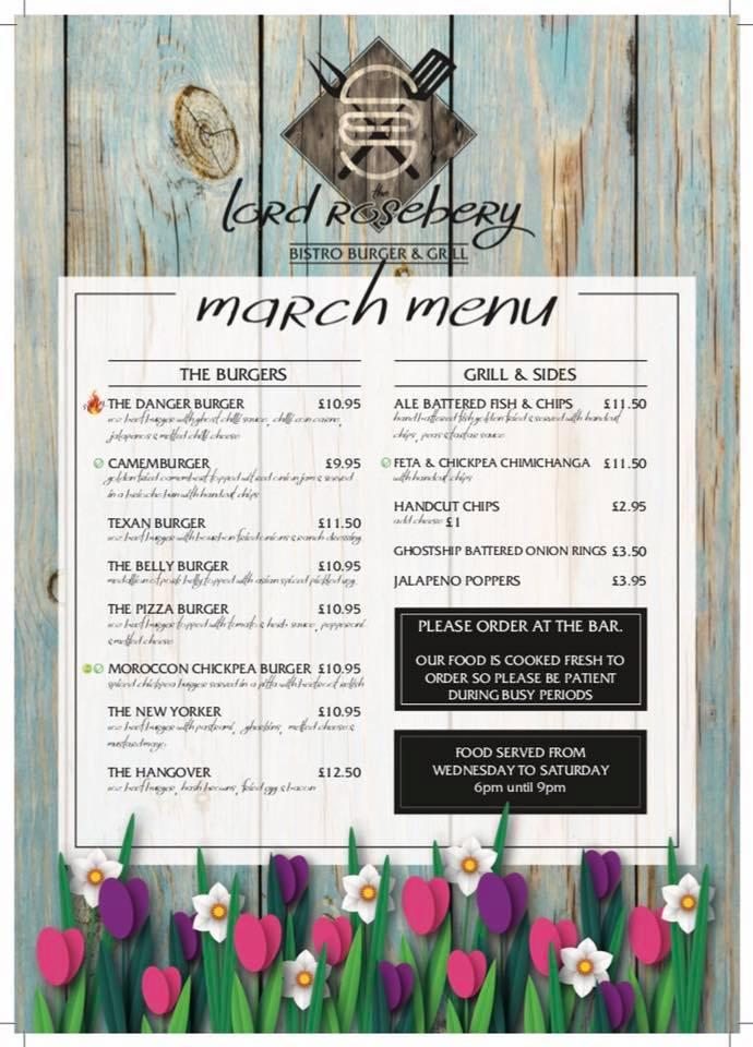 Menu at Lord Rosebery pub & bar, Norwich