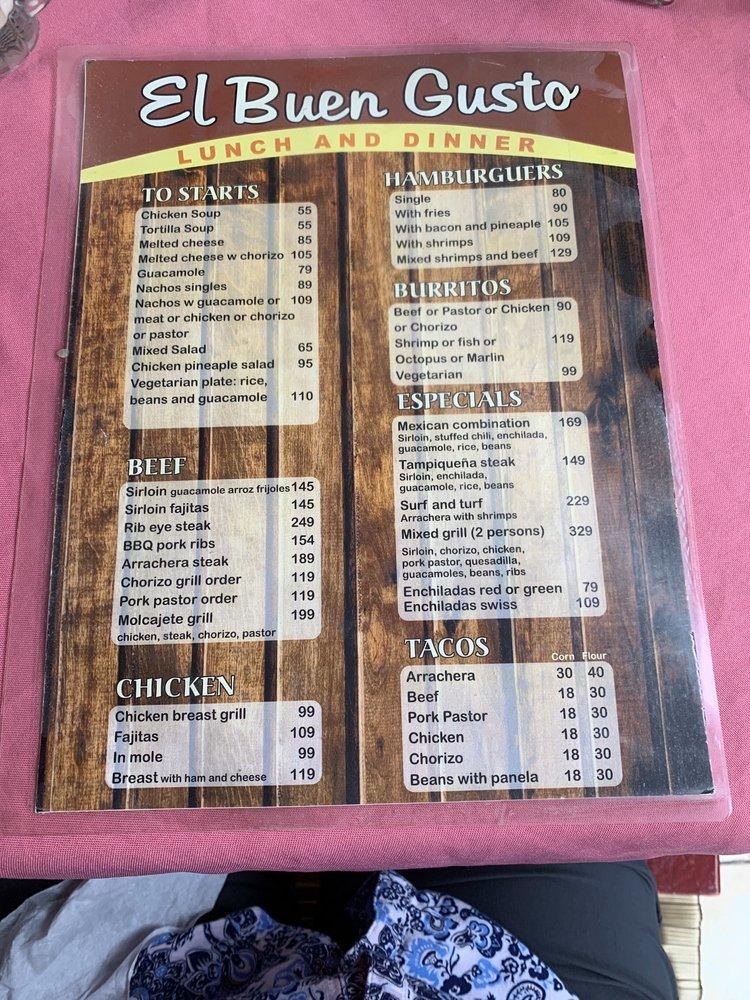 Menu at El Buen Gusto restaurant, Puerto Vallarta, Francisca Rodríguez 157