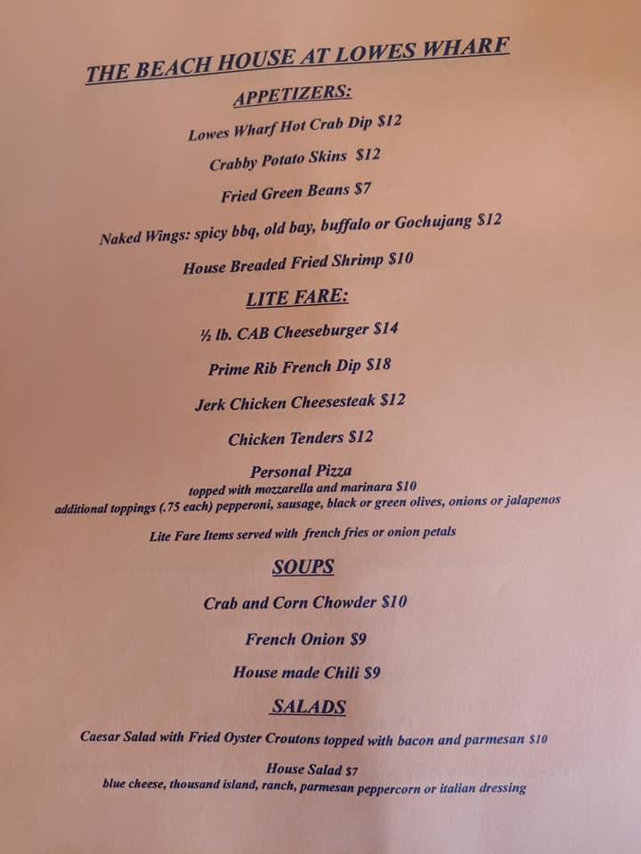 Menu at Lowes Wharf Marina Inn pub & bar, Tilghman Island, Lowes Wharf Rd