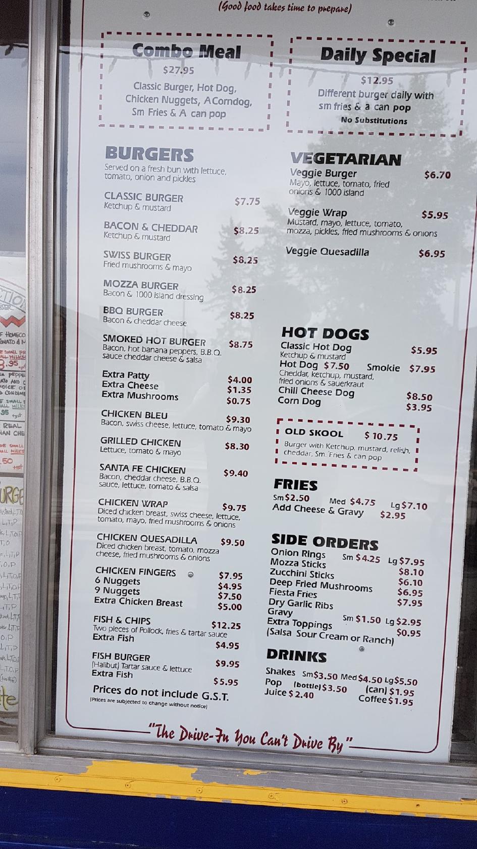 Menu at K&W Drive-In restaurant, Didsbury